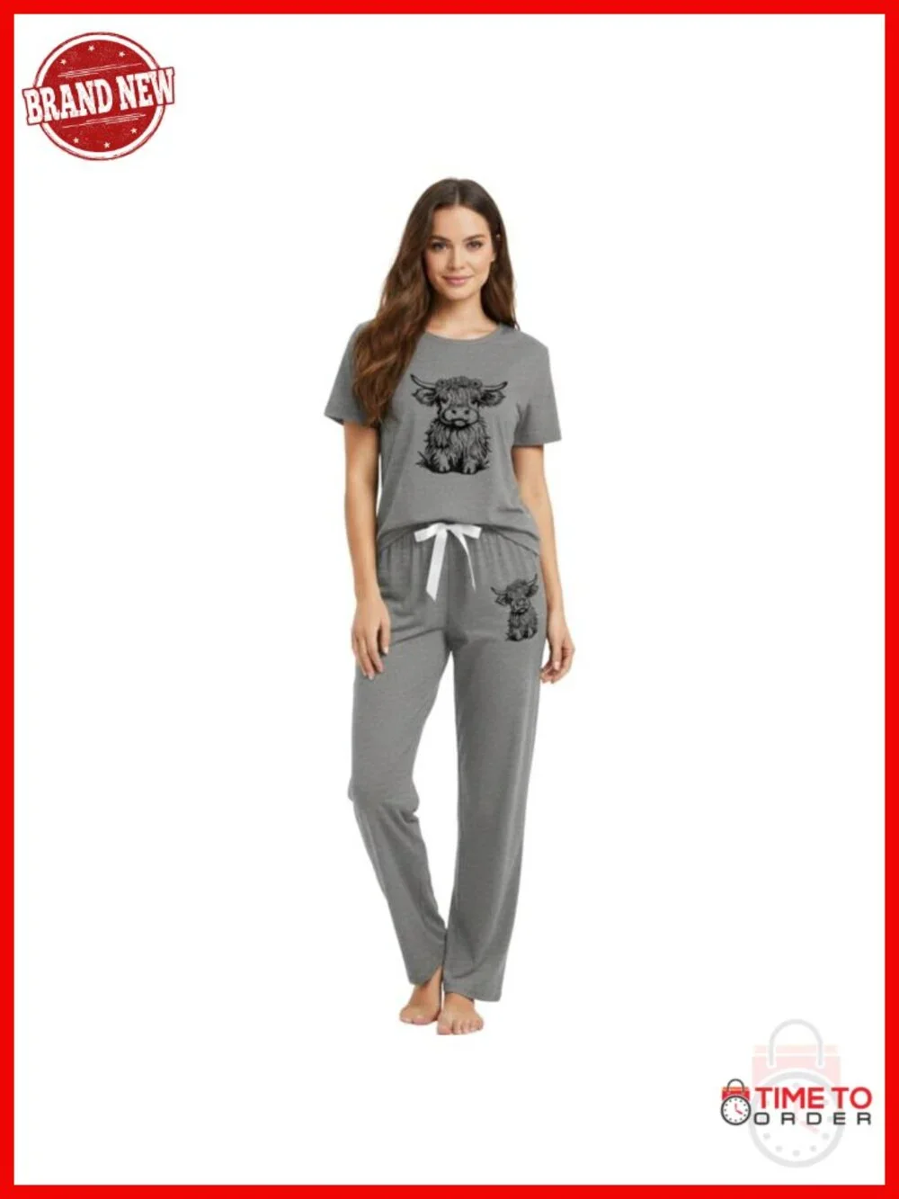 3-Piece Women's Pajama Set: Long Sleeve Top, Full Pants, Shorts, Cow Print